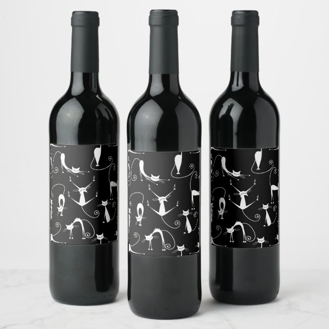 Whimsical Skinny white Cat Pattern Weinetikett (Flaschen)