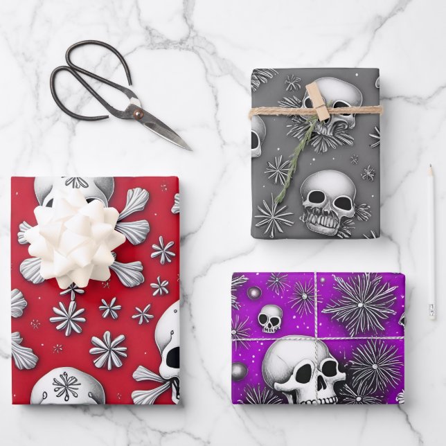 Whimsical Skulls und Schneeflocken Gotische Weihna Geschenkpapier Set (Vorderseite)