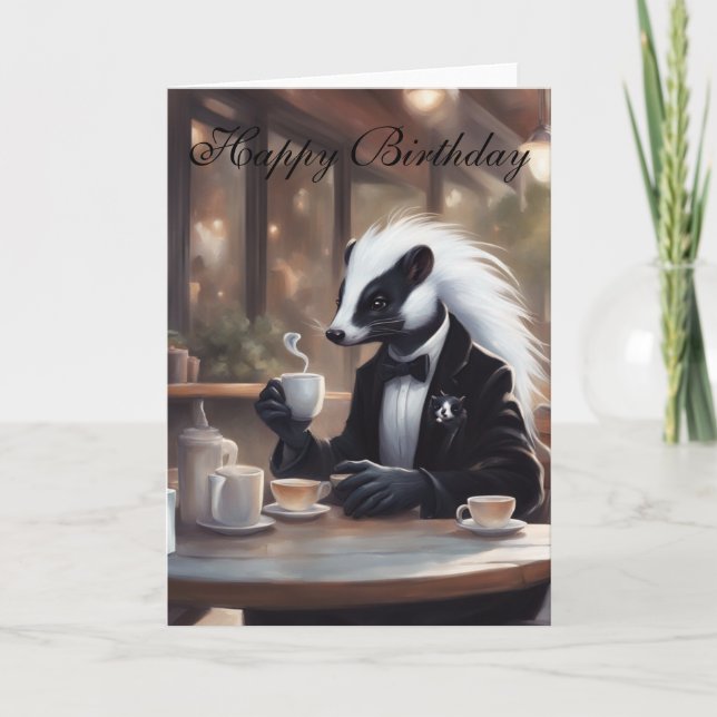 Whimsical Skunk in a coffee shop birthday Karte (Vorderseite)