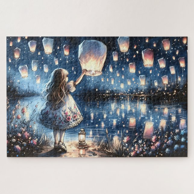Whimsical Sky Lantern Lake Girl  Puzzle (Horizontal)