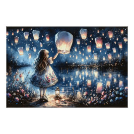 Whimsical Sky Lantern Lake Mädchen  Poster