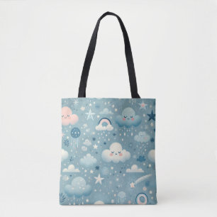 Whimsical Sky Muster mit Wolken, Sternen - Blau
