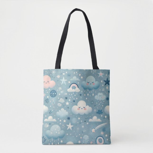 Whimsical Sky Muster mit Wolken, Sternen - Blau (Vorderseite)