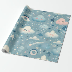 Whimsical Sky Muster mit Wolken, Sternen - Blau Geschenkpapier