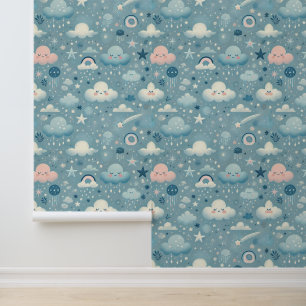 Whimsical Sky Muster mit Wolken, Sternen - Blau Tapete