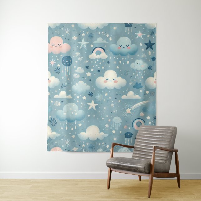 Whimsical Sky Muster mit Wolken, Sternen - Blau Wandteppich (Beispiel)