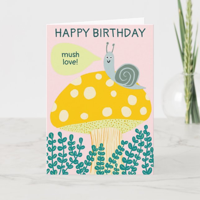 Whimsical Snail on Magical Mushroom CUSTOM Bday Karte (Vorderseite)