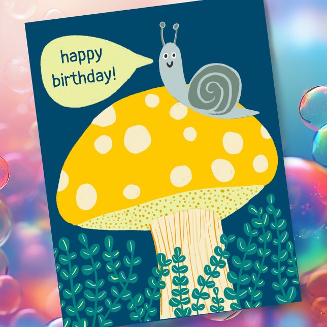 Whimsical Snail on Magical Mushroom CUSTOM Bday Postkarte (Cute snail sitting on a mushroom wishes you happy birthday, custom postcard add your own text!)