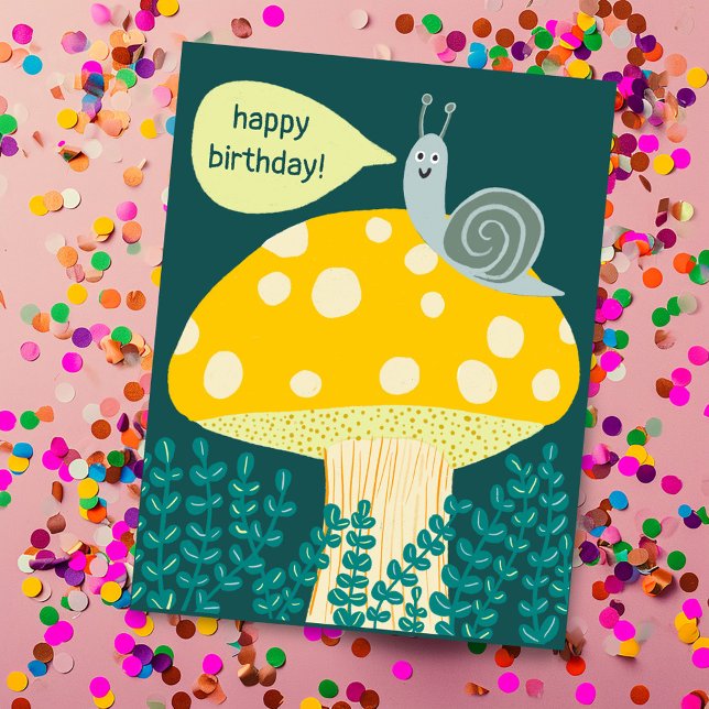 Whimsical Snail on Magical Mushroom CUSTOM Bday Postkarte (Whimsical Snail on Magical Mushroom CUSTOM Bday Cute Postcard
)