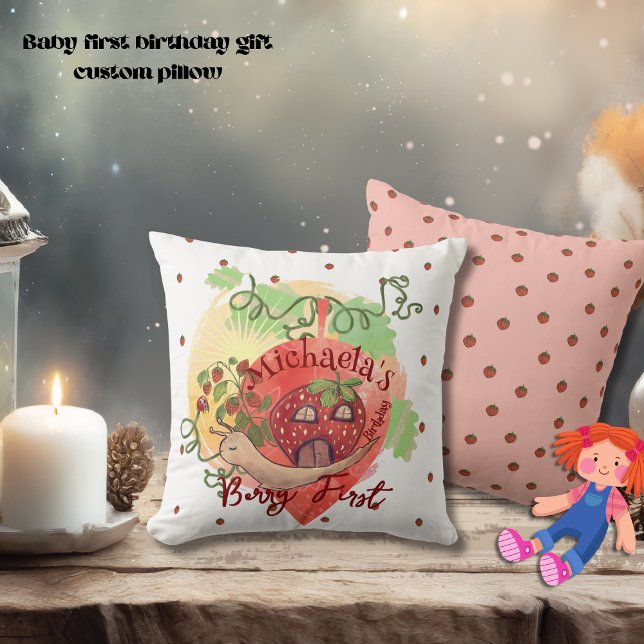 Whimsical Snail & Strawberry 1. Kissen (Whimsical Snail & Strawberry 1st birthday Throw Pillow)