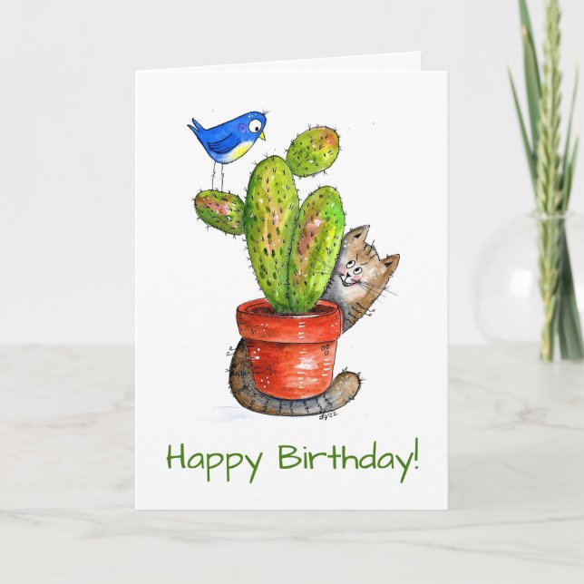 Whimsical Sneaky Cat with Cactus Karte (Vorderseite)
