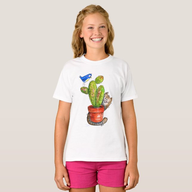 Whimsical Sneaky Cat with Cactus T-Shirt (Vorne ganz)