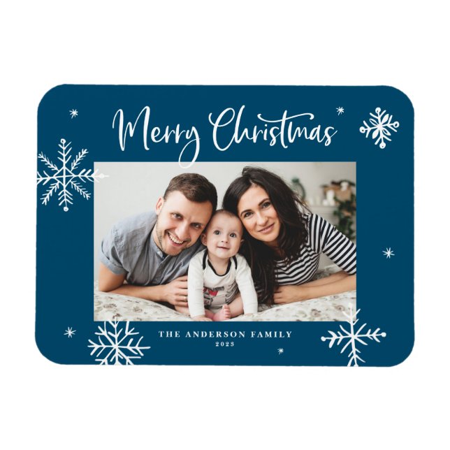 Whimsical Snowflakes Blau Frohe Weihnachten Foto Magnet (Horizontal)