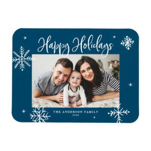 Whimsical Snowflakes Blue Happy Holidays Foto Magnet