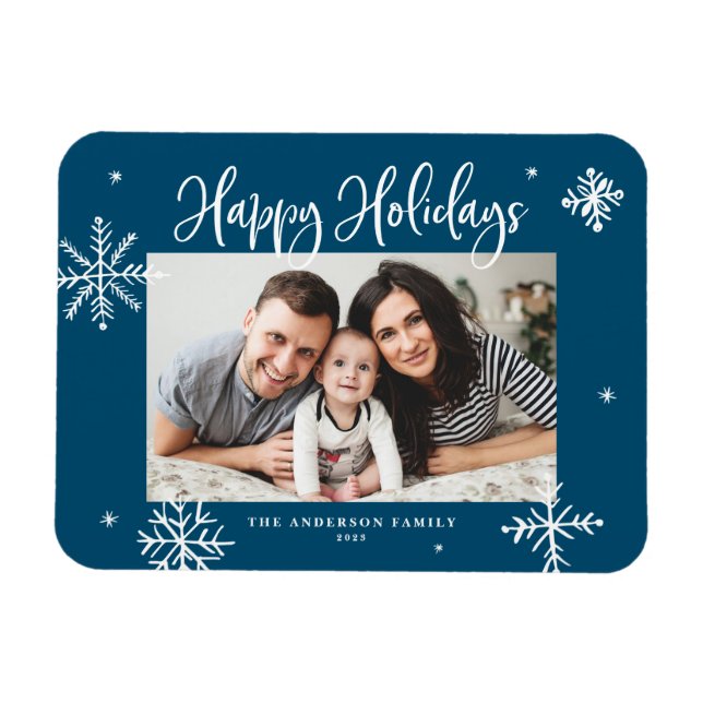 Whimsical Snowflakes Blue Happy Holidays Foto Magnet (Horizontal)