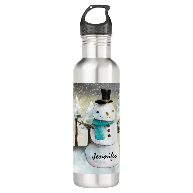 Whimsical Snowman im Winter Weihnachten Zeichnend Edelstahlflasche (Vorderseite)