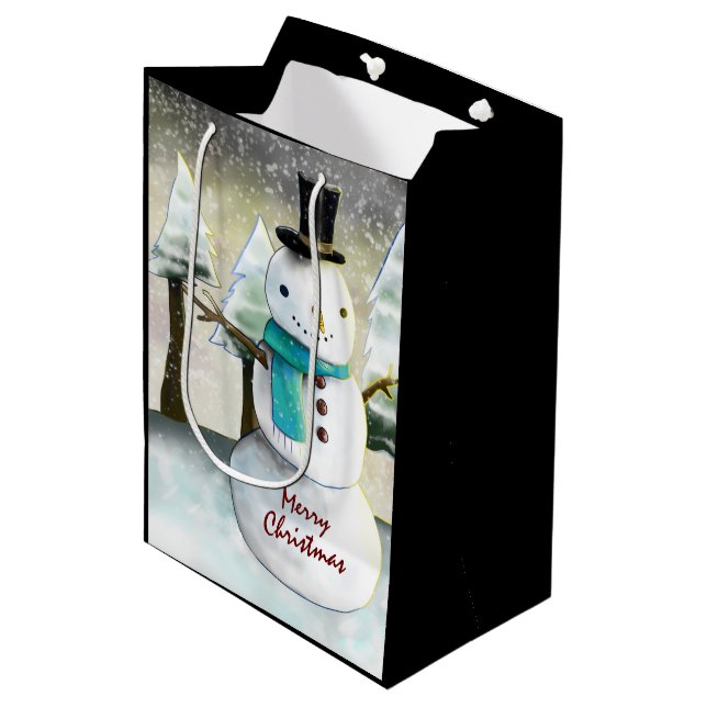 Whimsical Snowman im Winter Weihnachten Zeichnend Mittlere Geschenktüte (Vorderseite Schrägansicht)