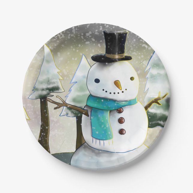 Whimsical Snowman im Winter Weihnachten Zeichnend Pappteller (Vorderseite)