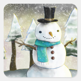 Whimsical Snowman im Winter Weihnachten Zeichnend Quadratischer Aufkleber