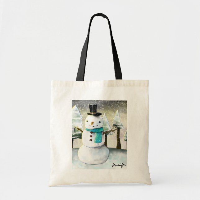 Whimsical Snowman im Winter Weihnachten Zeichnend Tragetasche (Vorne)
