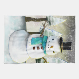 Whimsical Snowman im Winter Weihnachtslandschaft Geschirrtuch