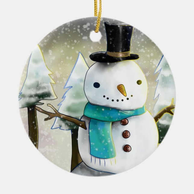 Whimsical Snowman im Winter Weihnachtslandschaft Keramik Ornament (Vorne)