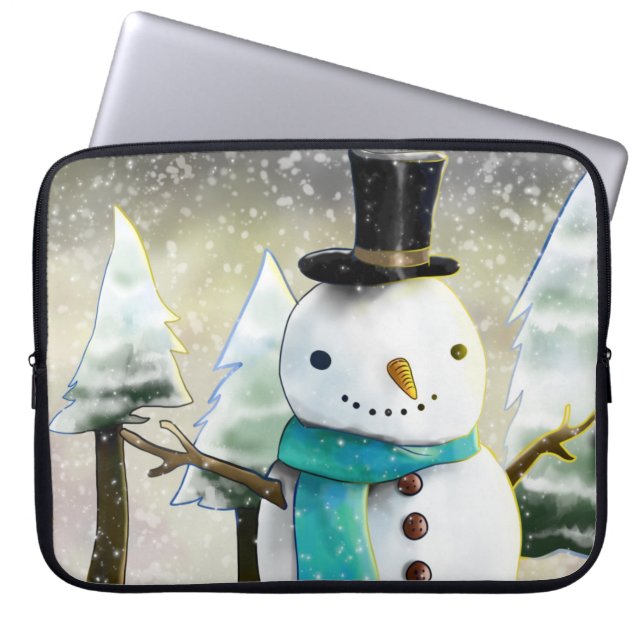 Whimsical Snowman im Winter Weihnachtslandschaft Laptopschutzhülle (Vorderseite)
