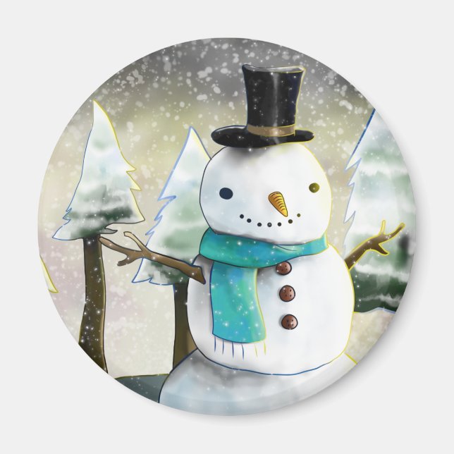 Whimsical Snowman im Winter Weihnachtslandschaft Magnet (Vorne)