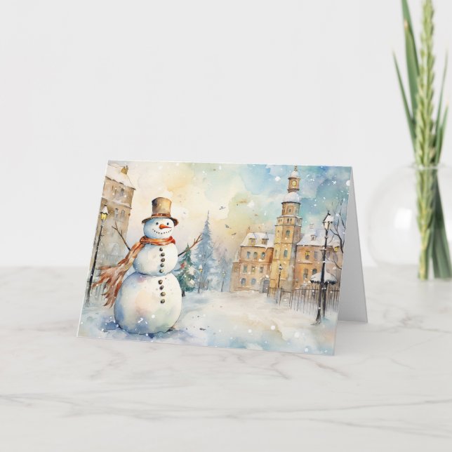 Whimsical Snowman in a Snowy Village Greeting Karte (Vorderseite)