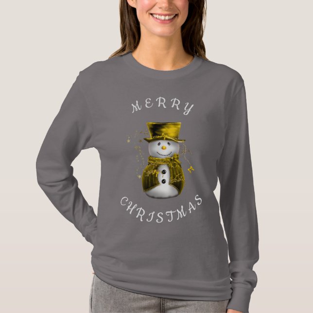 Whimsical Snowman in Gold Merry Christmas  T-Shirt (Vorderseite)