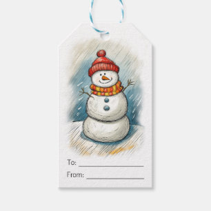 Whimsical Snowman in Orange Strick Cap and Scarf Geschenkanhänger