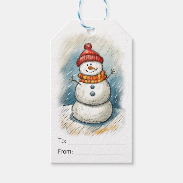 Whimsical Snowman in Orange Strick Cap and Scarf Geschenkanhänger (Vorderseite)