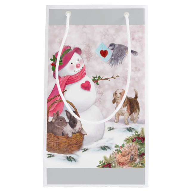 Whimsical Snowman mit Animals Peace Kleine Geschenktüte (Vorderseite)