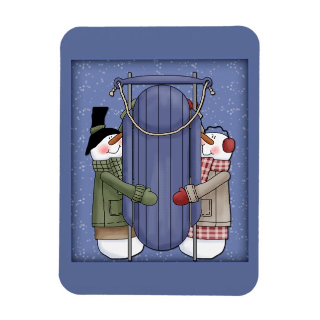 Whimsical Snowman mit Schlitten Magnet (Vertikal)