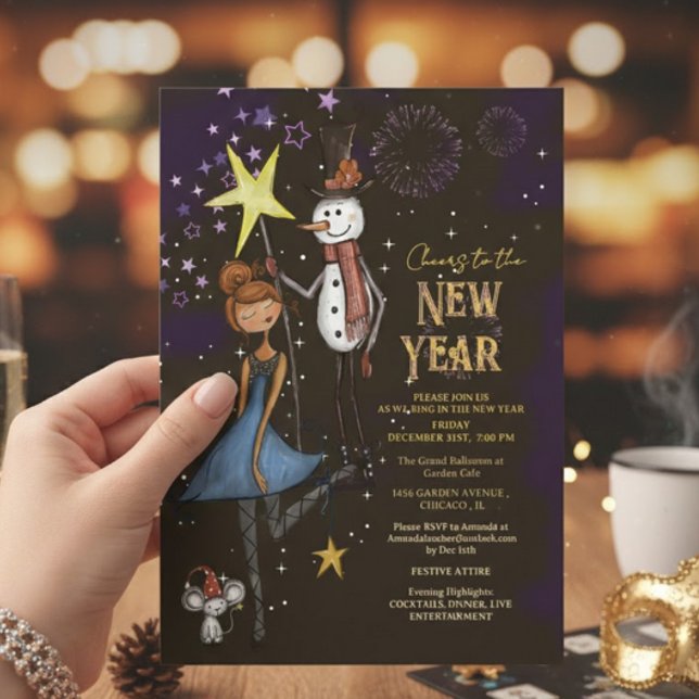 Whimsical Snowman & Starry Night New Year's Eve Einladung (Whimsical Snowman & Starry Night New Year's Eve Invitation)