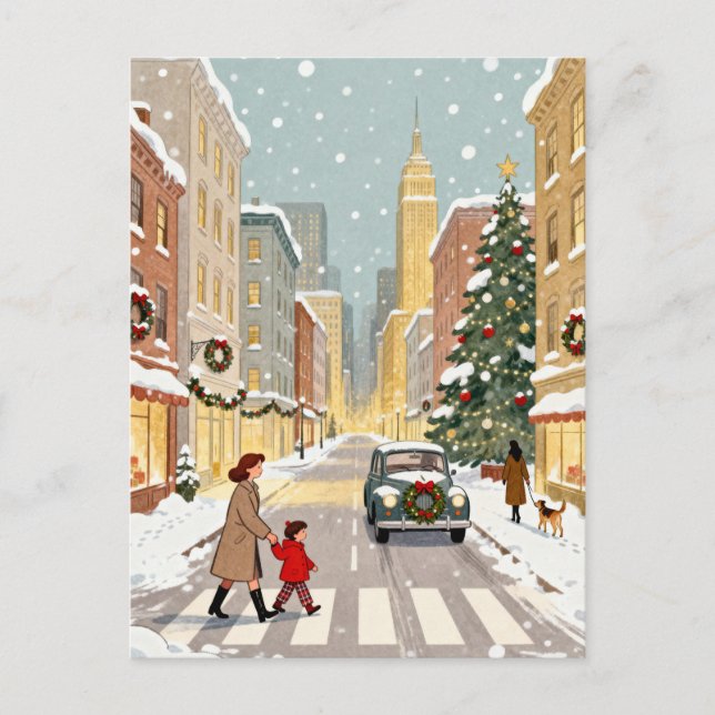Whimsical Snowy City Street Christmas Postkarte (Vorderseite)