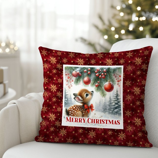 Whimsical snowy forest baby deer festive Christmas Kissen (Whimsical snowy forest baby deer festive Christmas pillow)