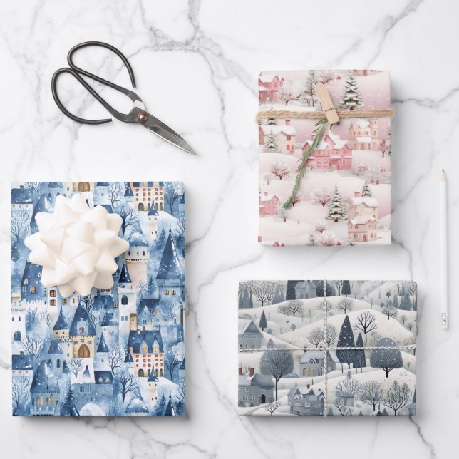 Whimsical Snowy Winter Village Holiday Pattern  Geschenkpapier Set (Vorderseite)