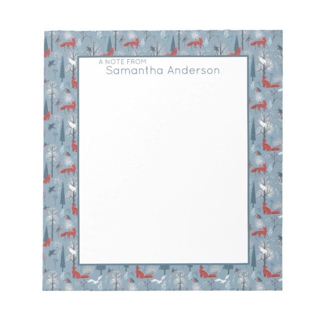 Whimsical Snowy Woodland Foxes Bird Nordic Muster Notizblock (Vorderseite)