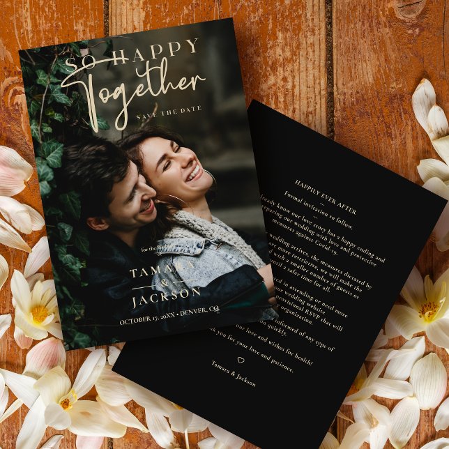 Whimsical So Happy Together Quote Photo Wedding Save The Date (Whimsical So Happy Together Faux Gold Quote Photo Wedding Save the Date Card with Envelope. )