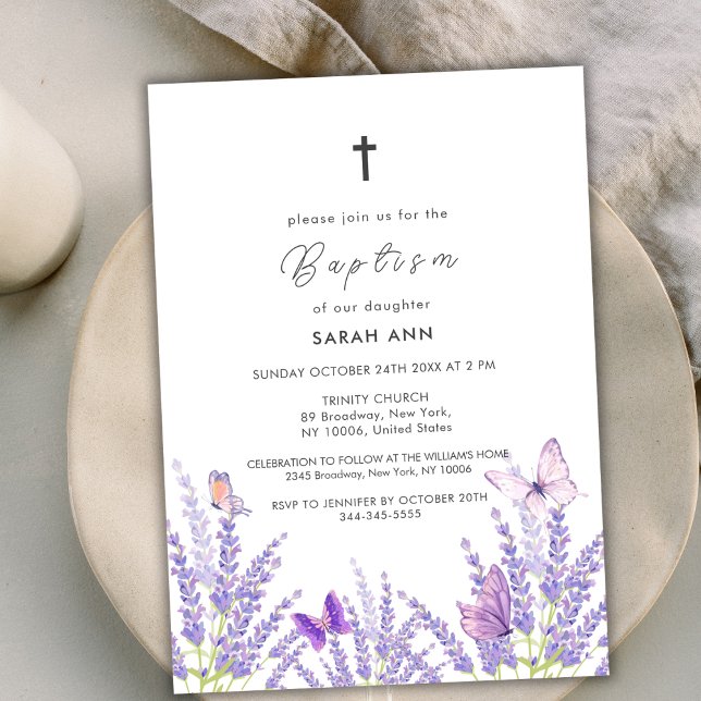 Whimsical Soft Lavender Butterfly Cross Baptisse Einladung (Whimsical Soft Lavender Butterfly Cross Baptism Invitation)