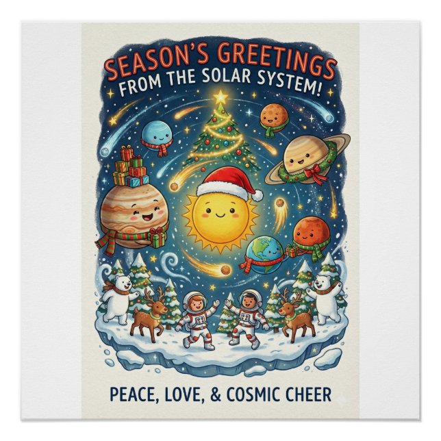 Whimsical Solar System Christmas Party with people Poster (Vorderseite)
