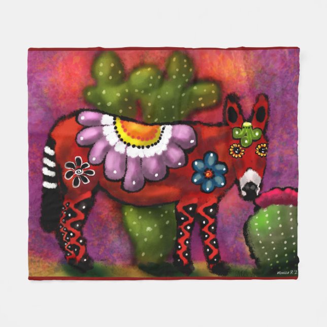 Whimsical Southwest Floral Talavera Style Donkey Fleecedecke (Vorderseite (Horizontal))