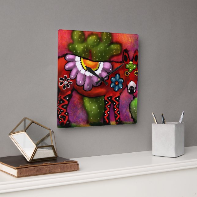 Whimsical Southwest Floral Talavera Style Donkey Quadratische Wanduhr (Büro)
