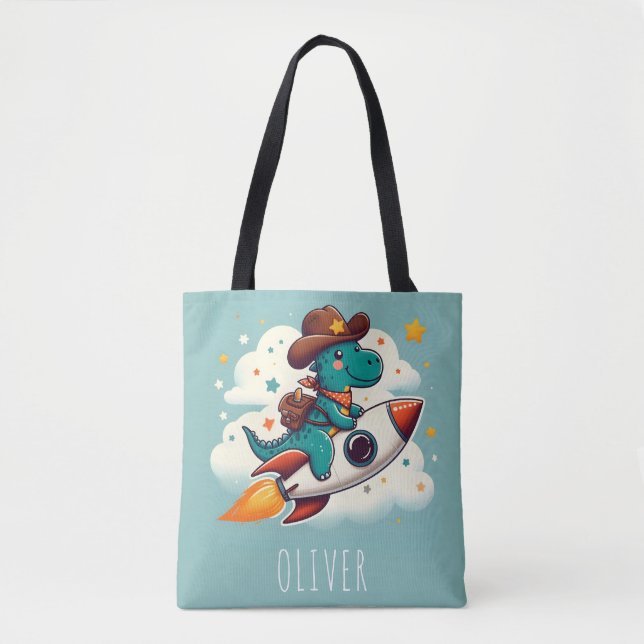 Whimsical Space Cowboy Dinosaur Riding Rocket (Vorderseite)