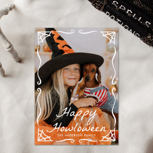 Whimsical Spiderweb Halloween-Hund-Foto Feiertagskarte