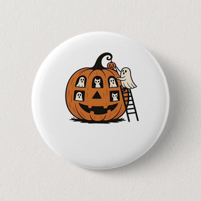 Whimsical Spooky Pumpkin mit Geistern, Katzen und  Button (Vorderseite)