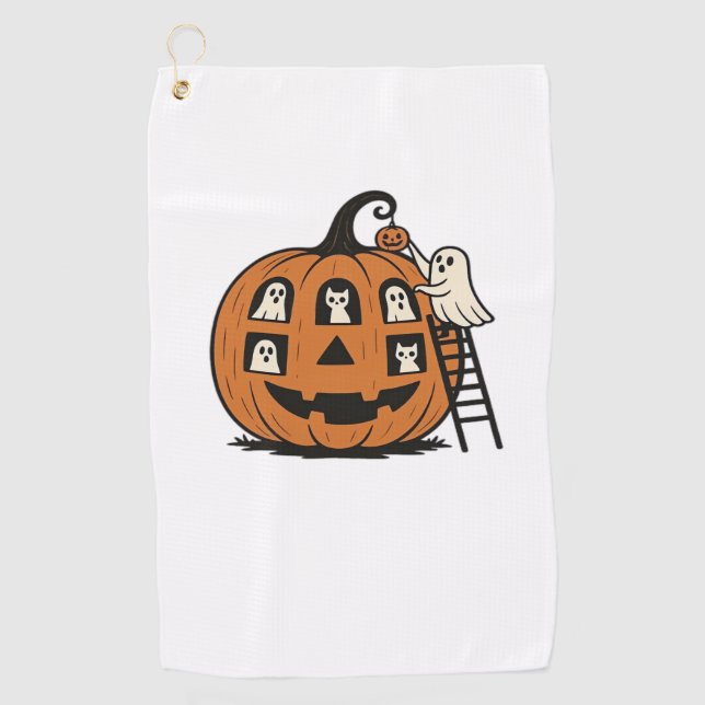 Whimsical Spooky Pumpkin mit Geistern, Katzen und  Golfhandtuch (Vorderseite)