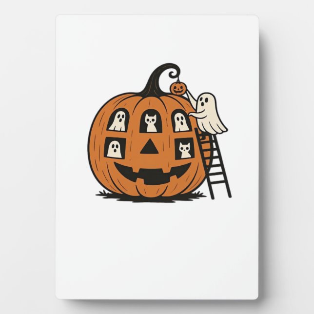 Whimsical Spooky Pumpkin with Ghosts, Cats & Hallo Fotoplatte (Vorderseite)