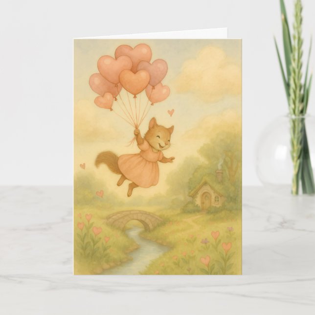 Whimsical Squirrel with Heart Balloons Valentine  Karte (Vorderseite)